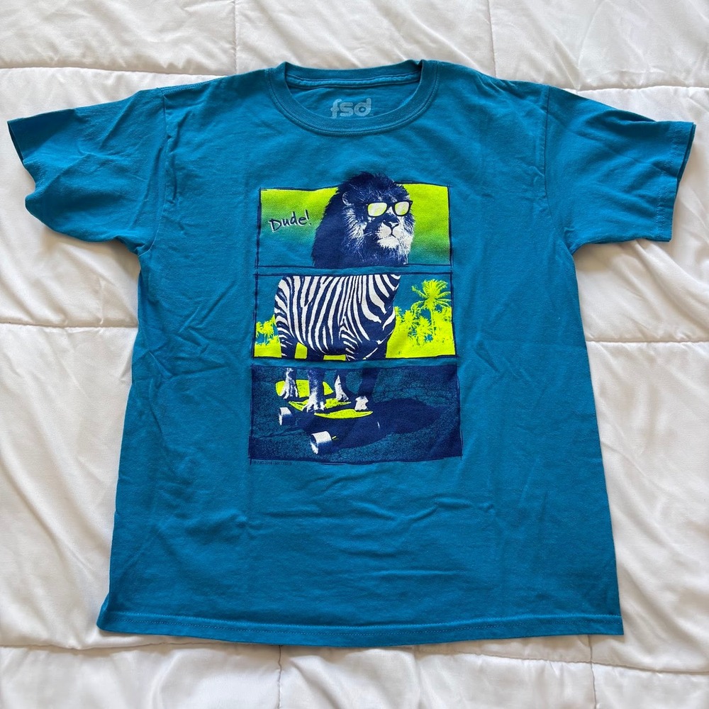 FSD Lion Zebra Skateboard Graphic Tee Blue Short Sleeve Shirt Large 100% Cotton